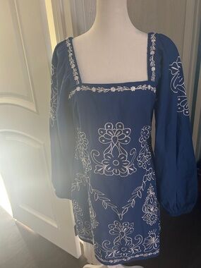 Adrianna Papell blue Mini Dress with White Floral Embroidery